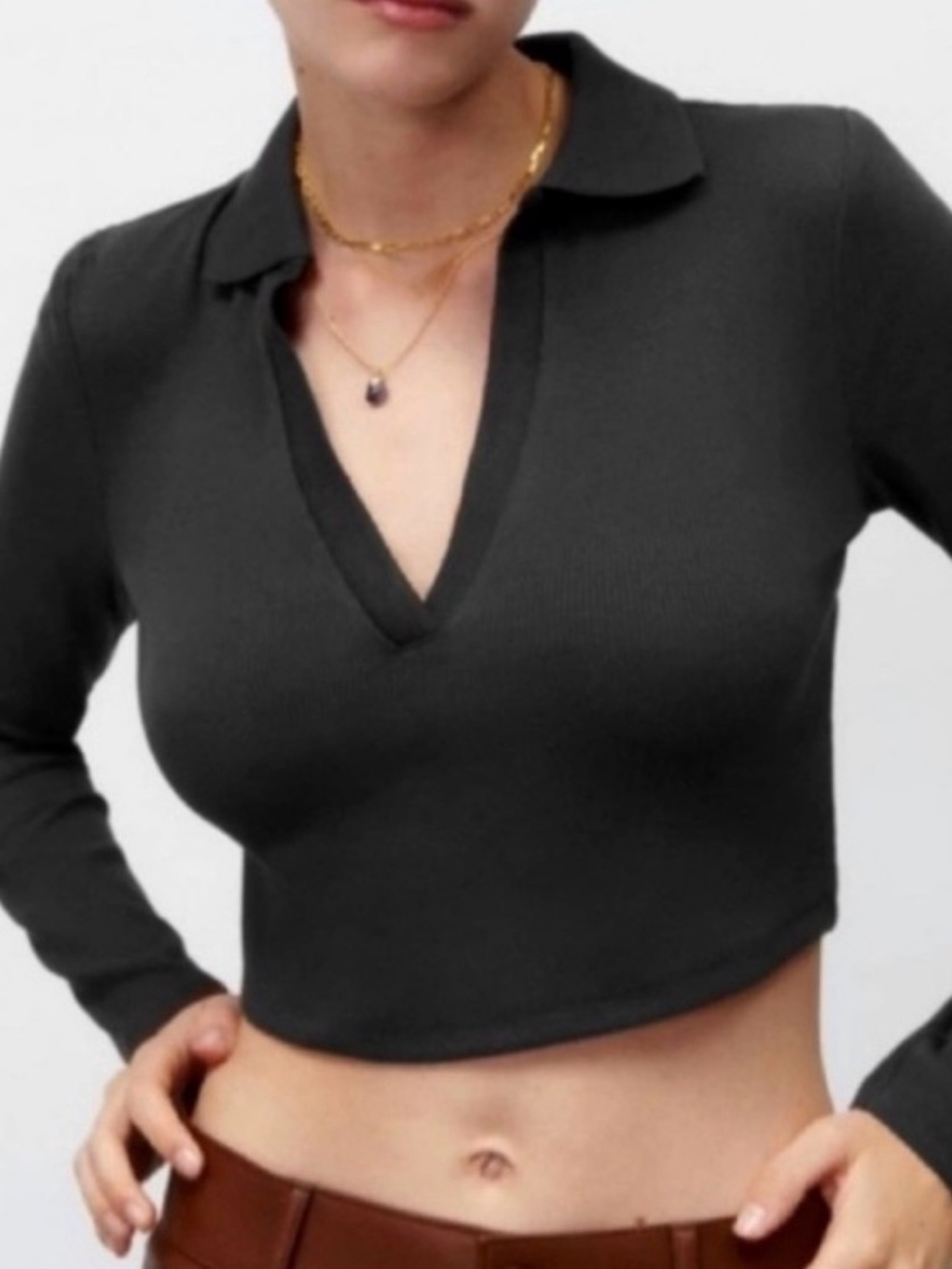 Zara Black Ribbed Collared V-Neck Crop Top